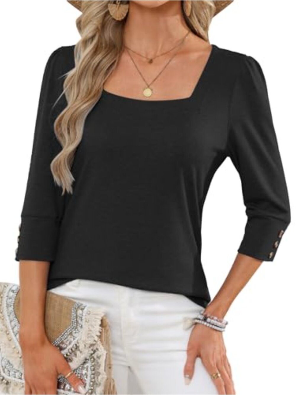 Womens Blouse Square Neck 3/4 Sleeve Button Casual Lightweight Top